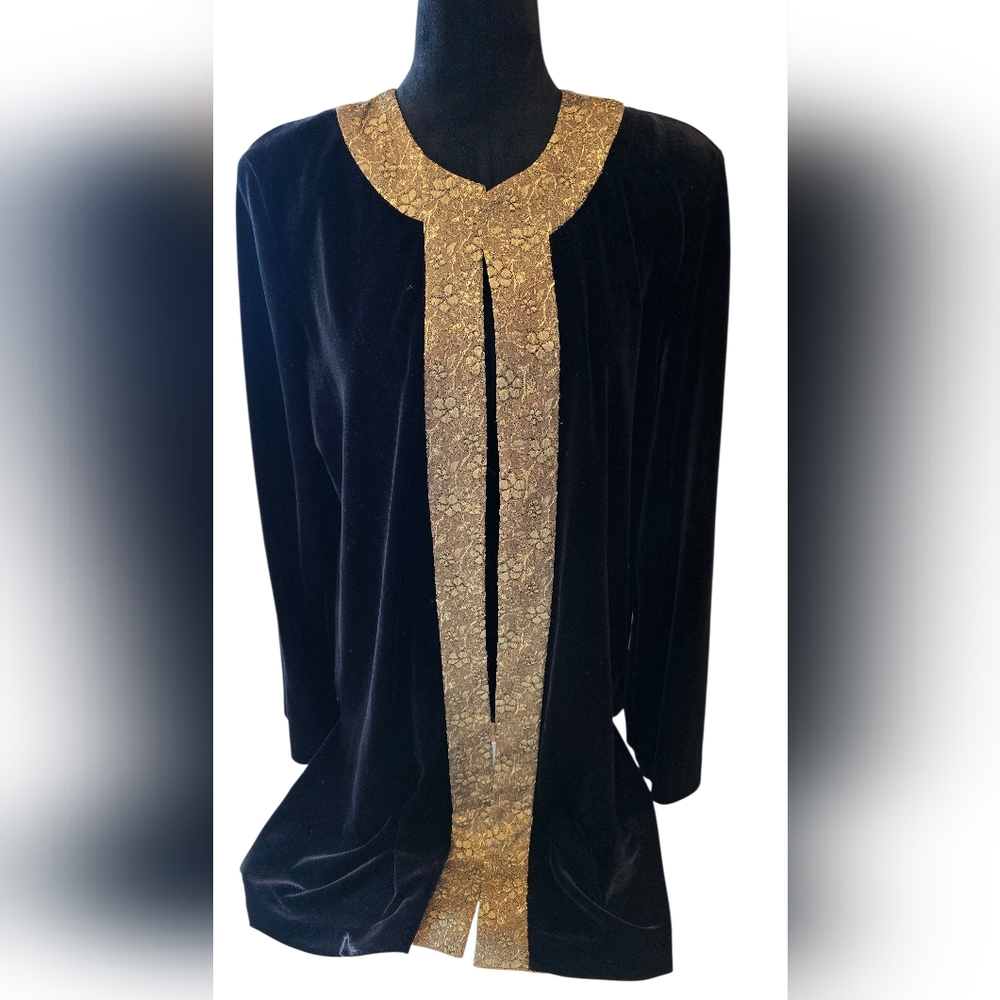 Moon Light Black & Gold Open Front Velvet Evening Jacket Medium